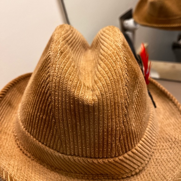1960’s Golden Brown Corduroy Fedora with Feathers &. Embellished Glass Button - Picture 9 of 9